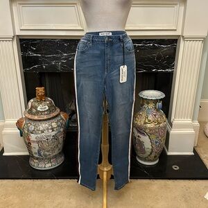 NWT “VELVET HEART” denim jeans w/ burgundy & white velvet side stripe